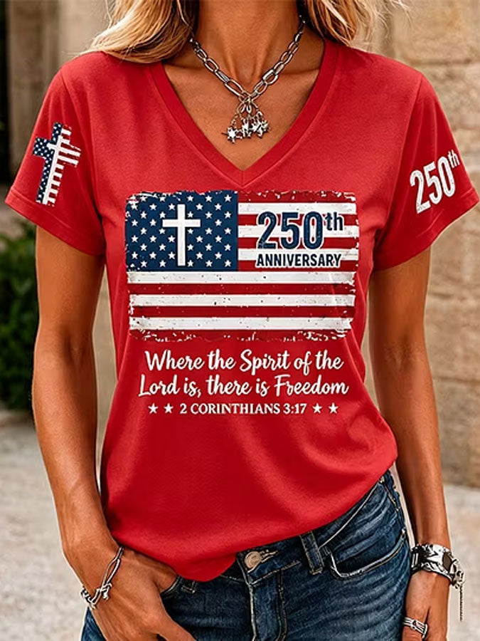 Women'S America Flag  Print Casual V-Neck T-Shirt