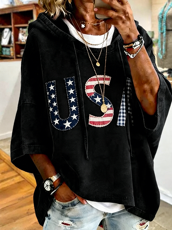 🔥Buy 3 Get 10% OFF 🔥Patriotic Red USA Star Stripe Applique Oversized Hoodie