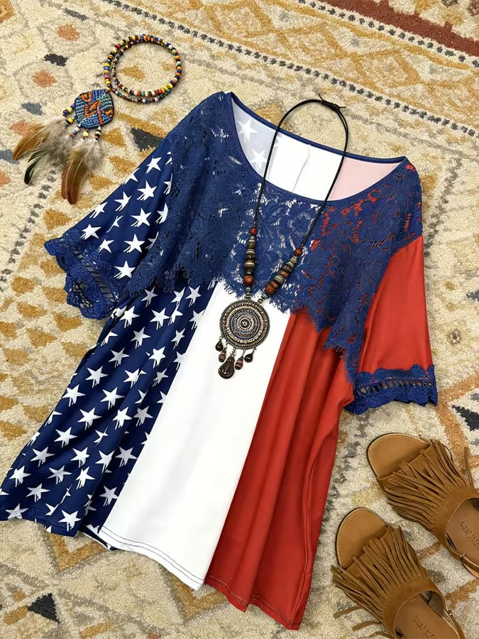 Women'S American Flag Independence Day Celebration Lace Splicing Printed Casual T-Shirt