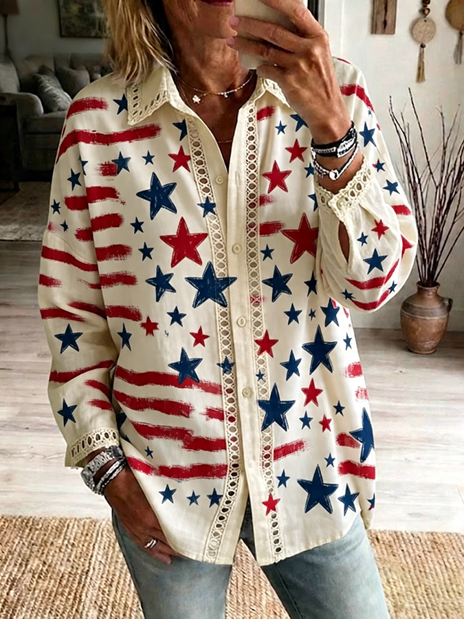 Women's Casual Hollow Out Pentagram Printed Shirt