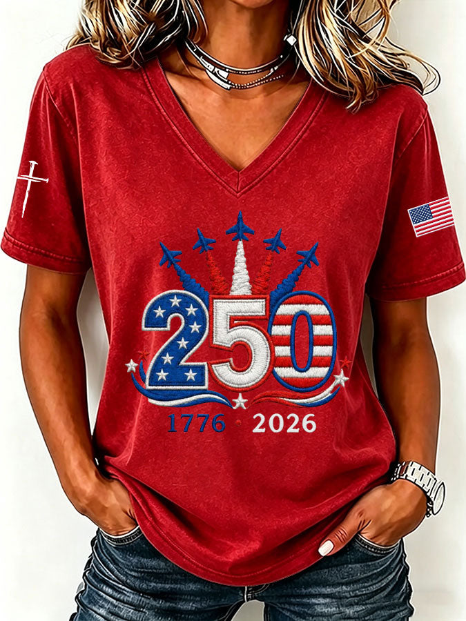 Women'S America Flag Floral Print Casual V-Neck T-Shirt