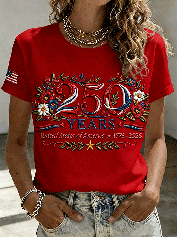 Women's 250 Years 1776-2026 USA Floral Embroidered T-shirt