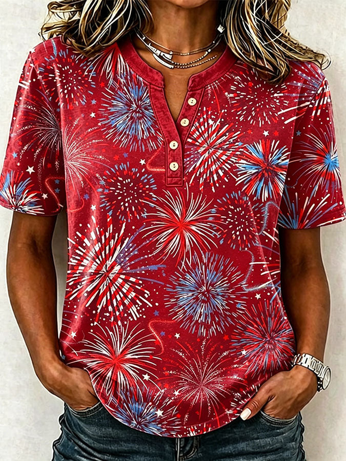 Female Leisure Patriotic Fireworks Flag Button T-Shirt