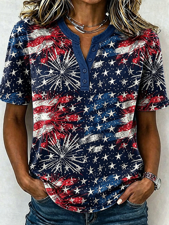 🔥Buy 3 Get 10% OFF 🔥Female Leisure Patriotic Fireworks Flag Button T-Shirt