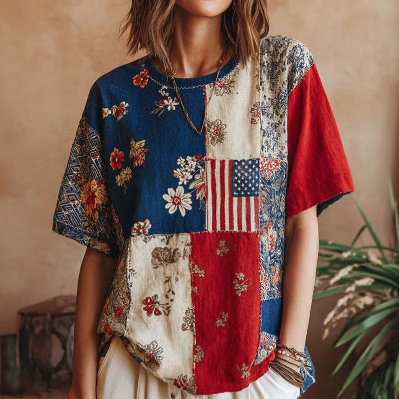 Women's Independence Day Flag And Floral Print Linen Blend Casual Short-sleeve T-shirt