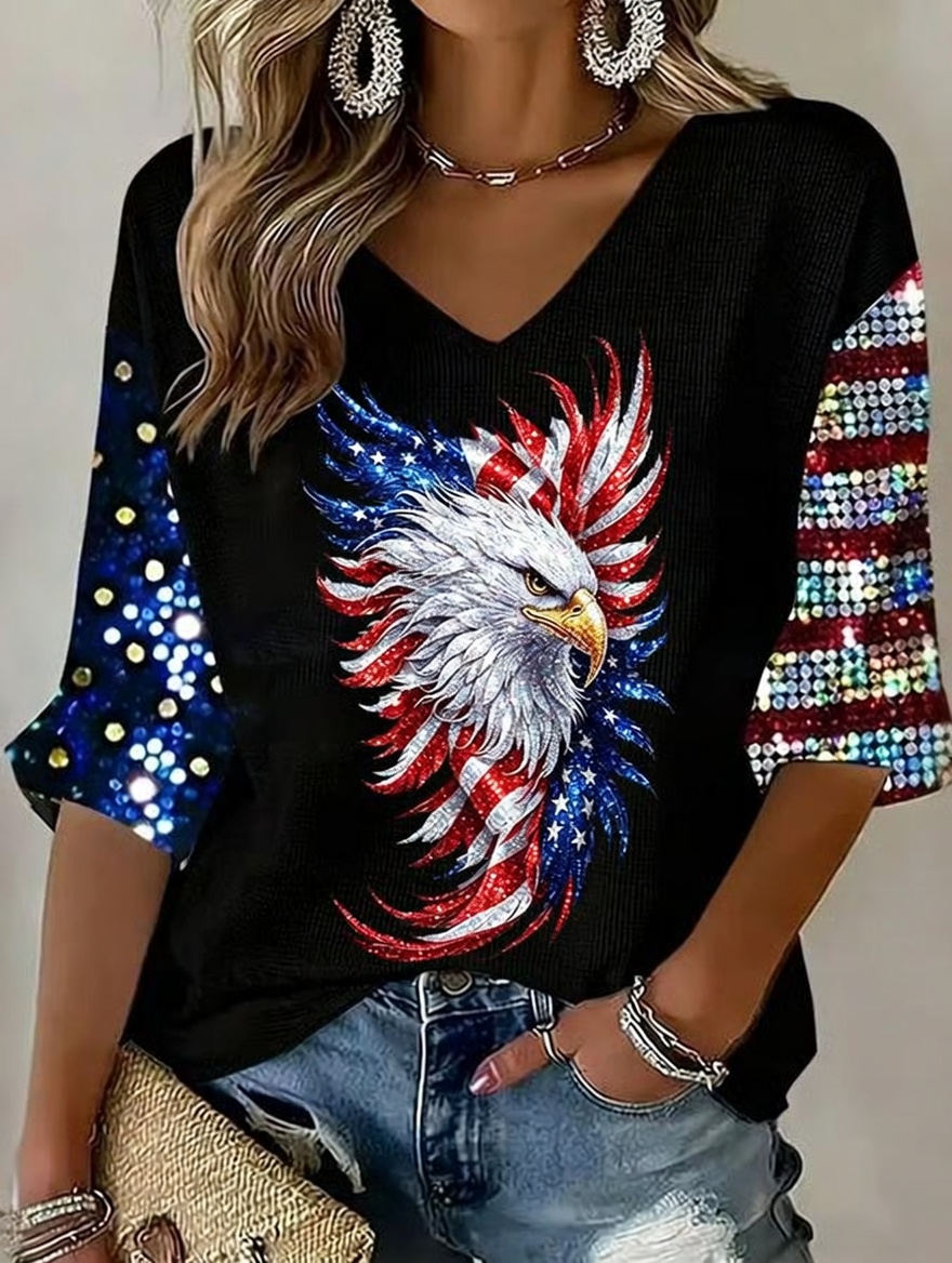 Women's America Floral Print Casual T-shirt