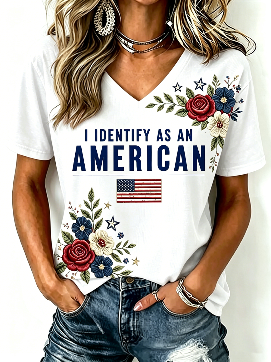 American Flag & Floral Embroidered Patriotic V-Neck Shirt