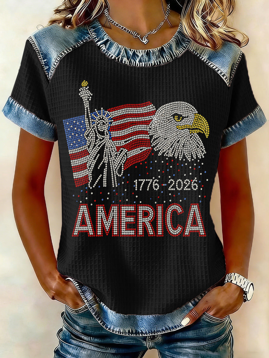 Women's USA 1776-2026 Rhinestone Pattern T-Shirt