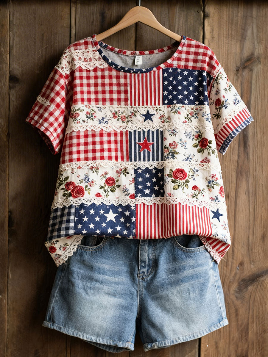 Women's American Floral Patchwork Print Casual T-Shirt