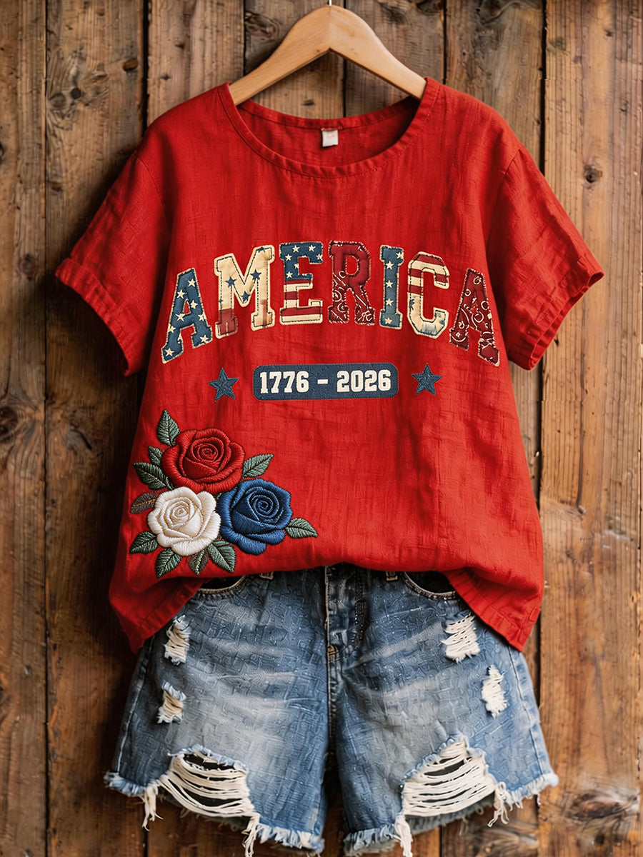 Women's USA 1776-2026 Patchwork Pattern Linen Blend Shirt