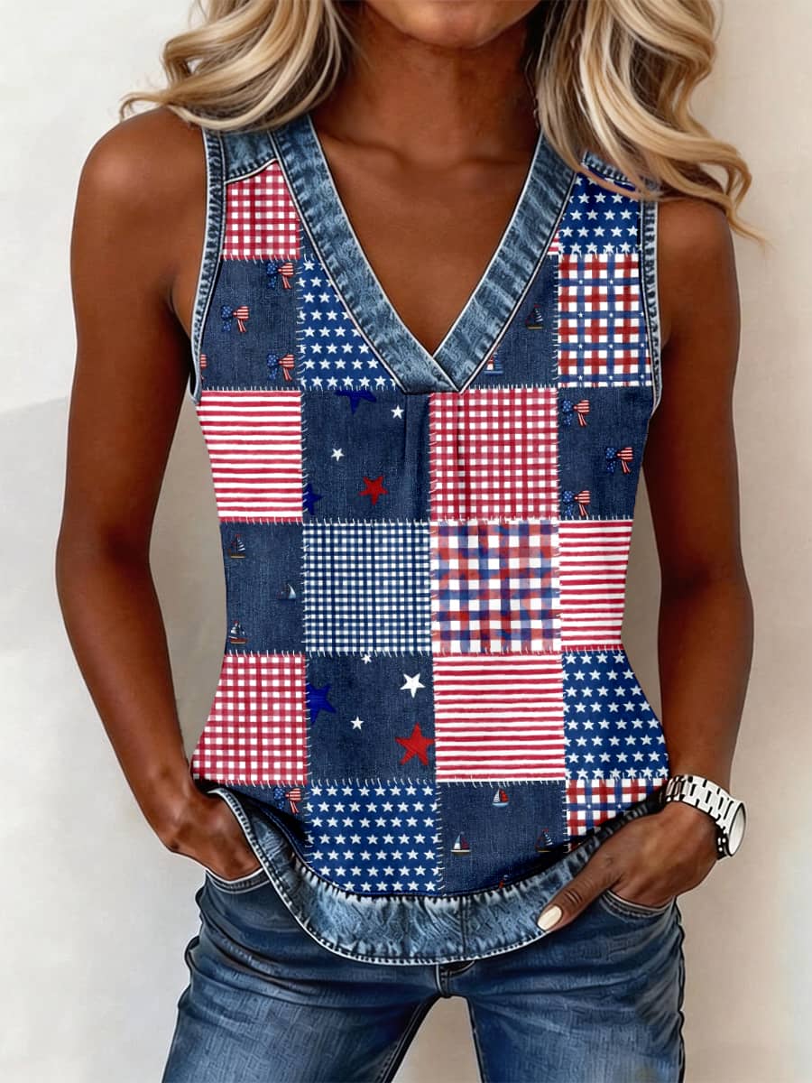 Women's Independence Day Inspired Print Denim Patchwork Top