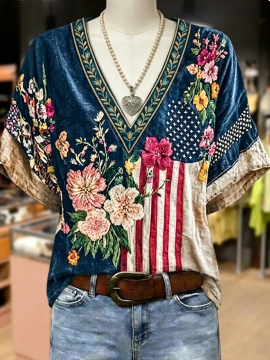 Women's Boho American Flag Flower Embroidered V-Neck Cotton Top