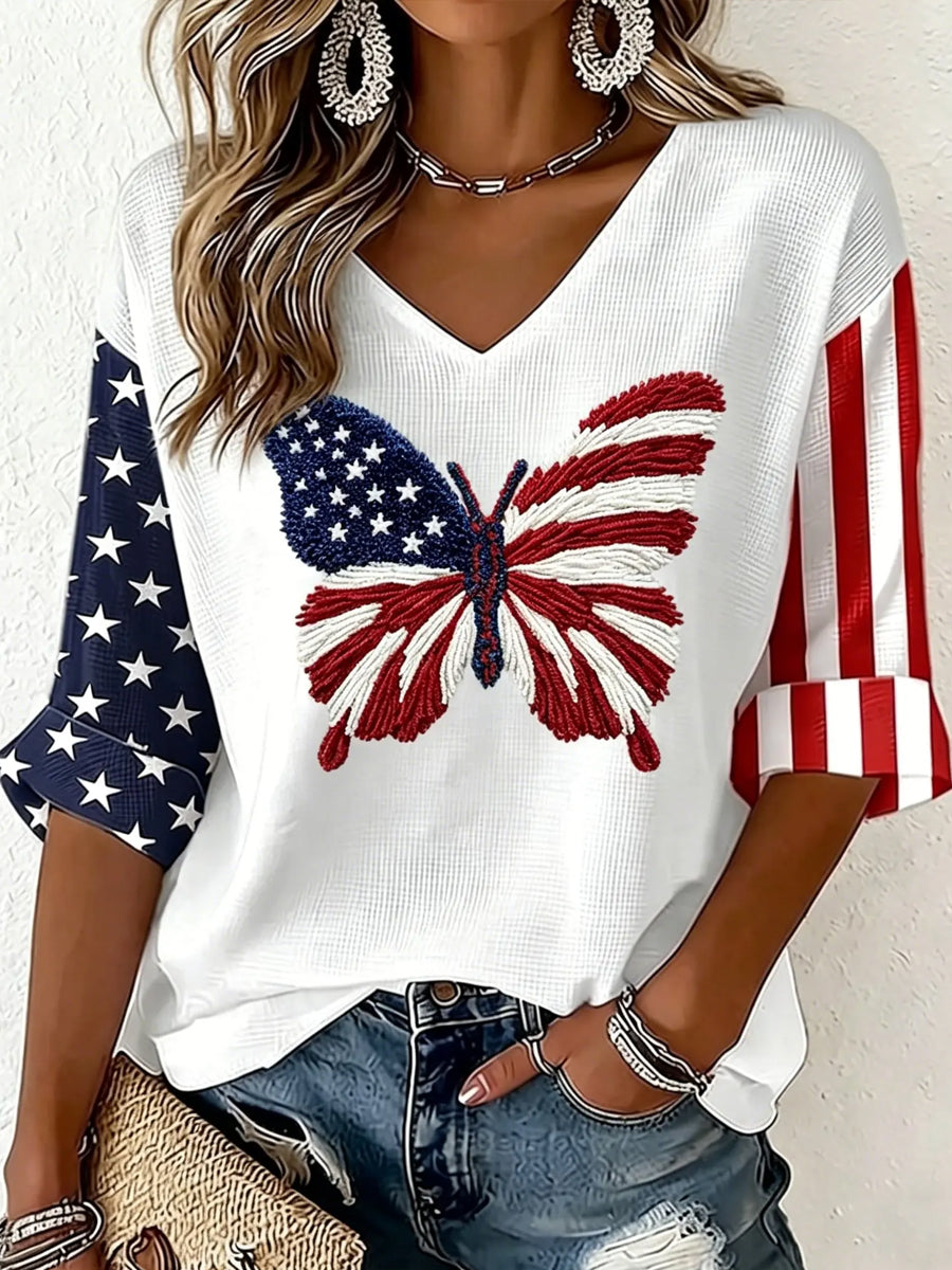 Women's Vintage Independence Day Butterfly Flag Art  Waffle T-shirt