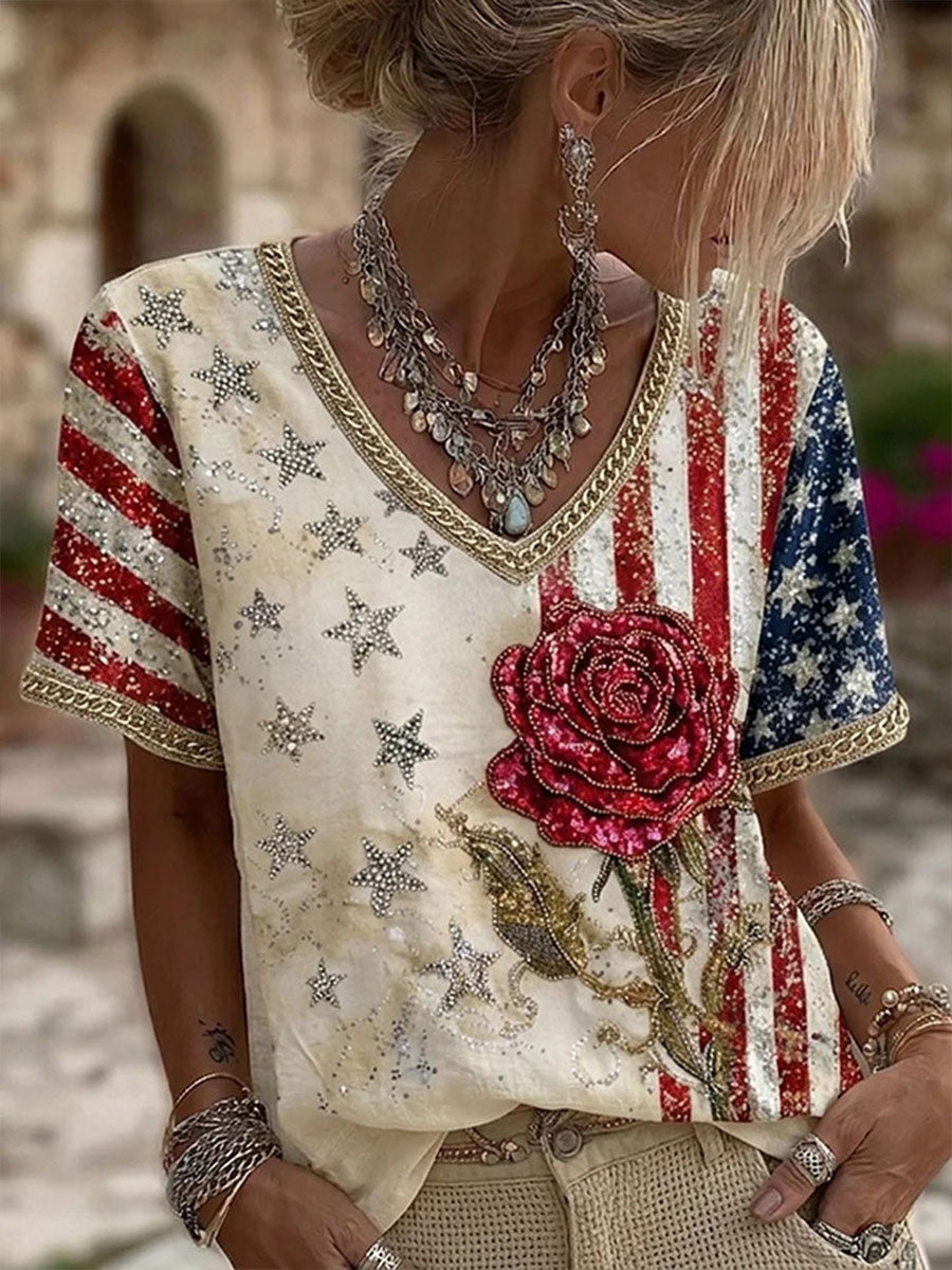 Women's American Flag Floral Print Casual T-shirt