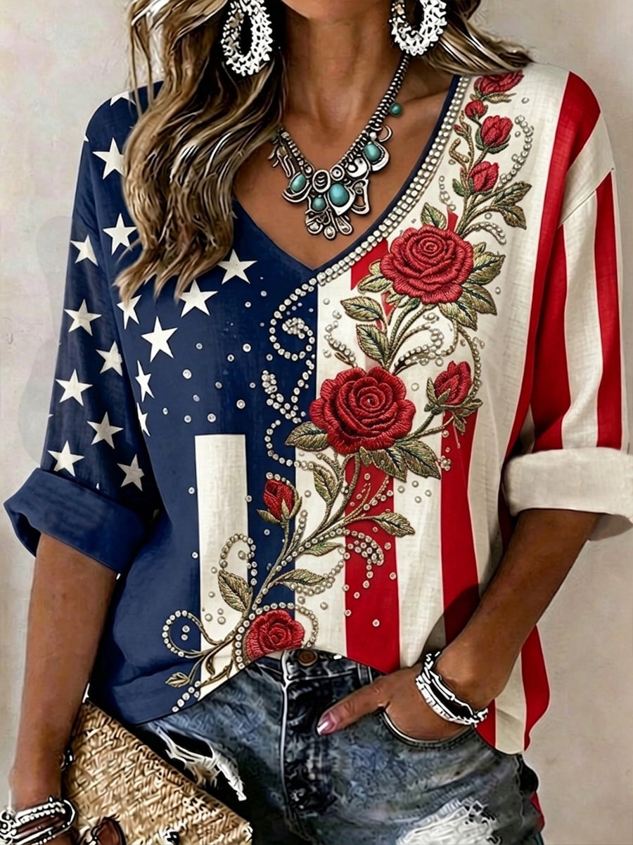 Women's Vintage Independence Day Flag Flower Art Print Linen  V-Neck Shirt