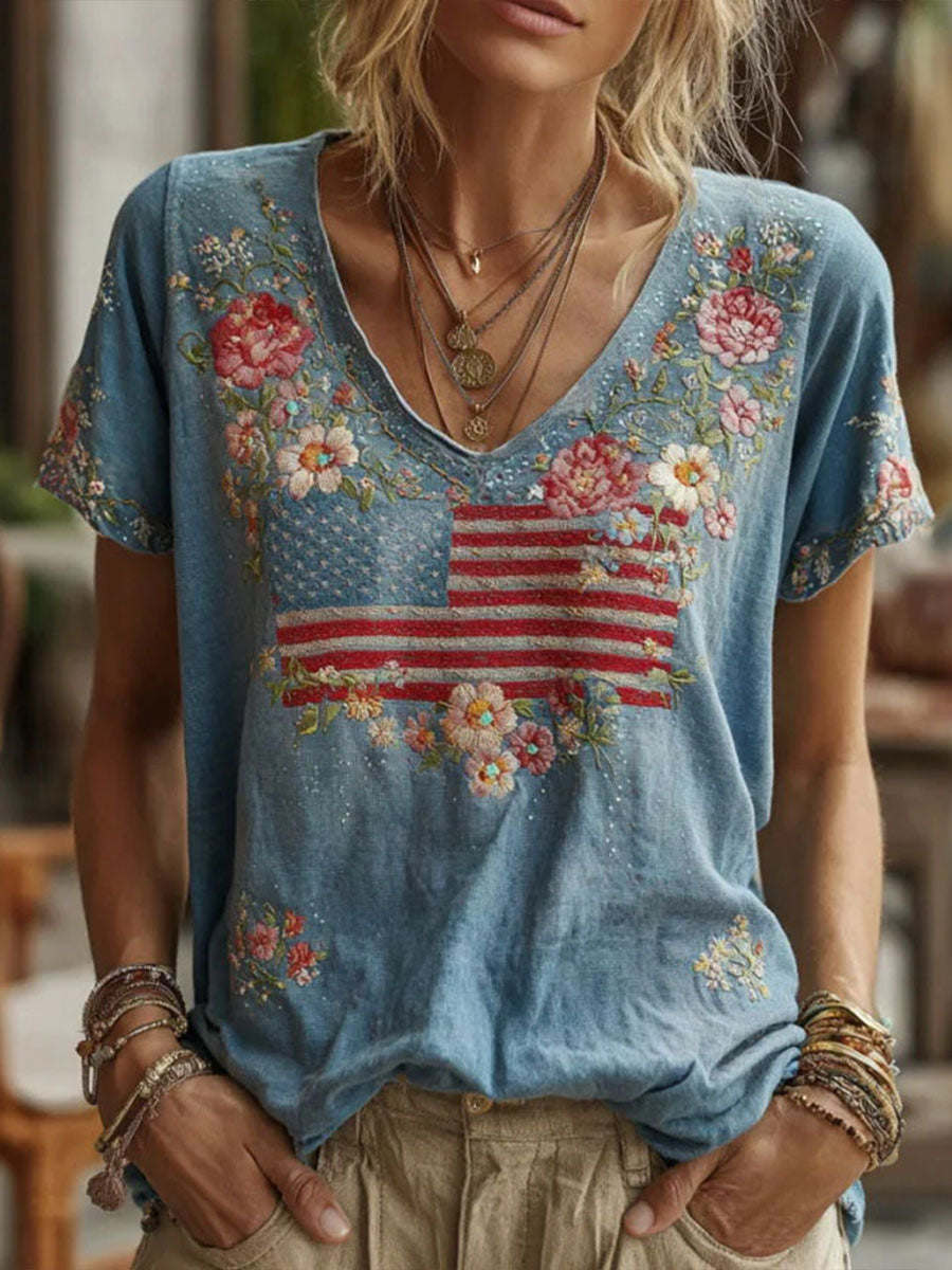 Women's American Flag Floral Casual T-Shirt