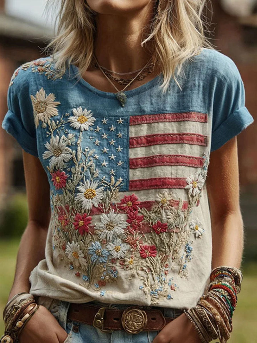 Women's American Flag Floral Casual T-Shirt