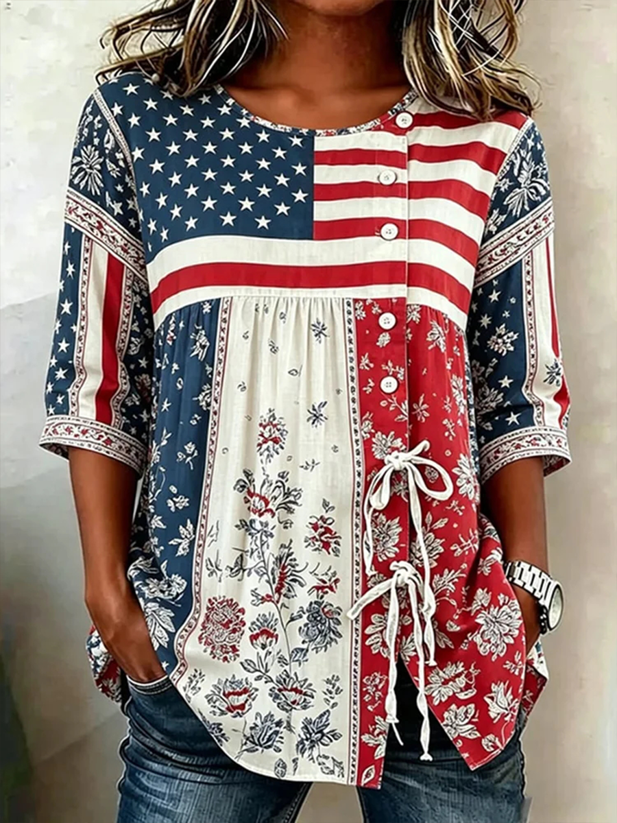 Women's American flag flowersCotton-Linen Button-Front Top with Ties