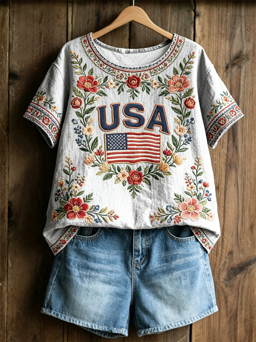 Women's America Floral Print Casual T-Shirt