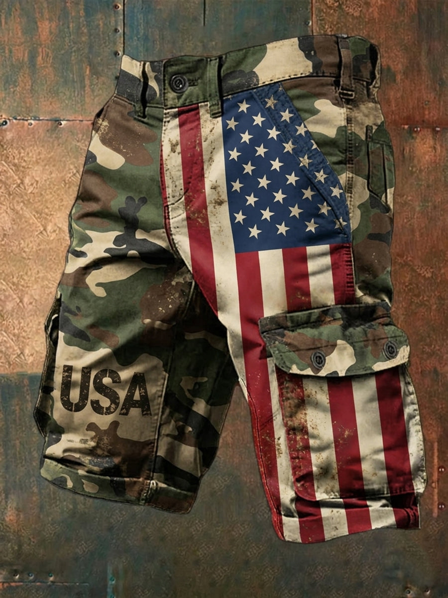 Men's USA Flag Camouflage Print Casual Cargo Shorts