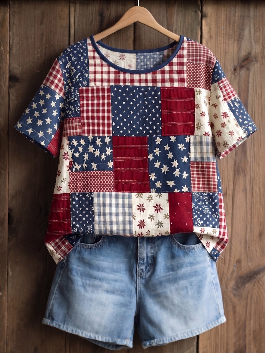 Women's Independence Day Anniversary Floral And Flag Art Cotton Linen Short-sleeve Top