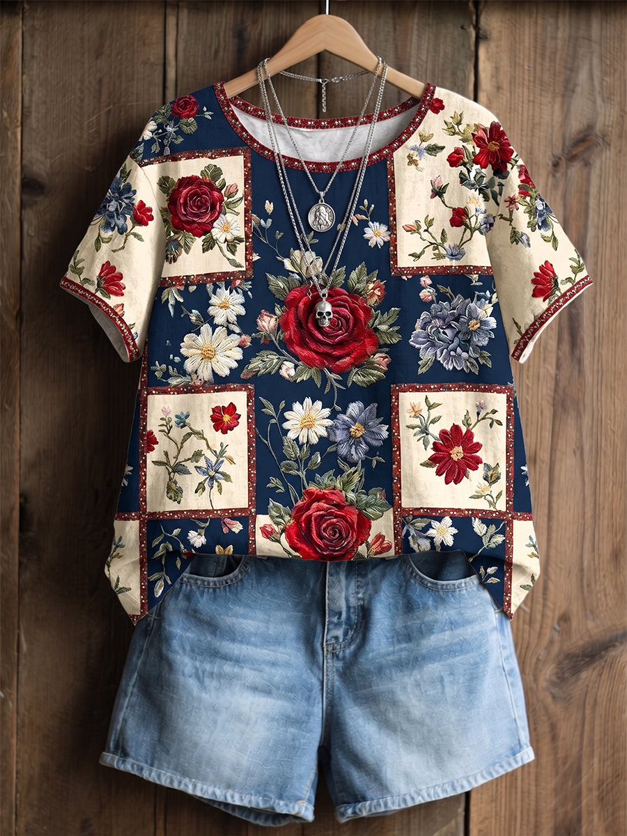 Women's Independence Day Anniversary Floral  Art Cotton Linen Short-sleeve Top