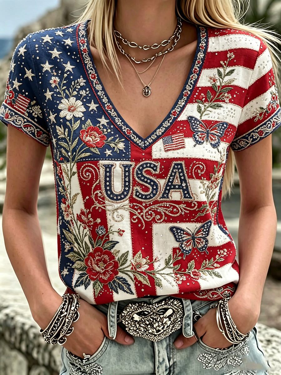 Women's America Floral Print V-Neck Casual T-Shirt