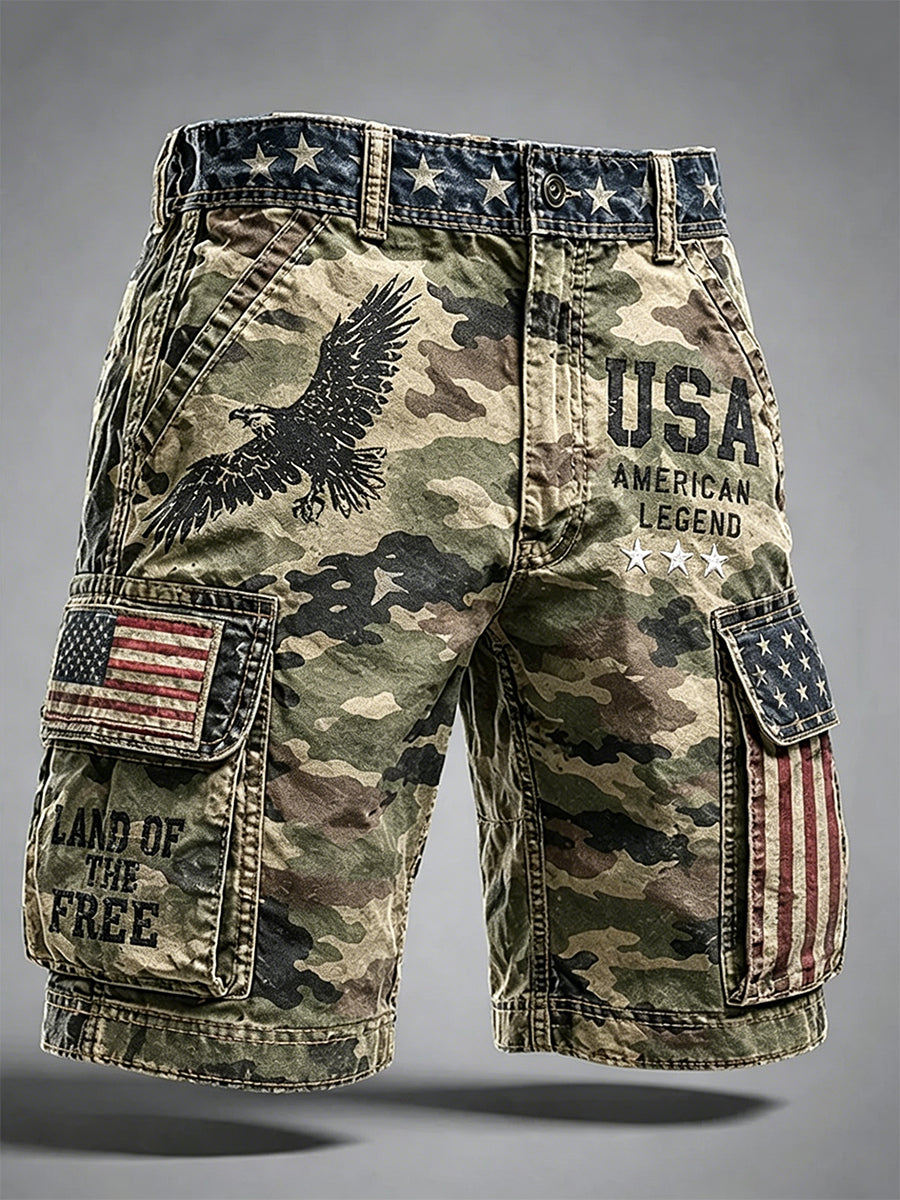 Men's Independence Day Retro American Flag And Eagle Camouflage Art Print Casual Shorts