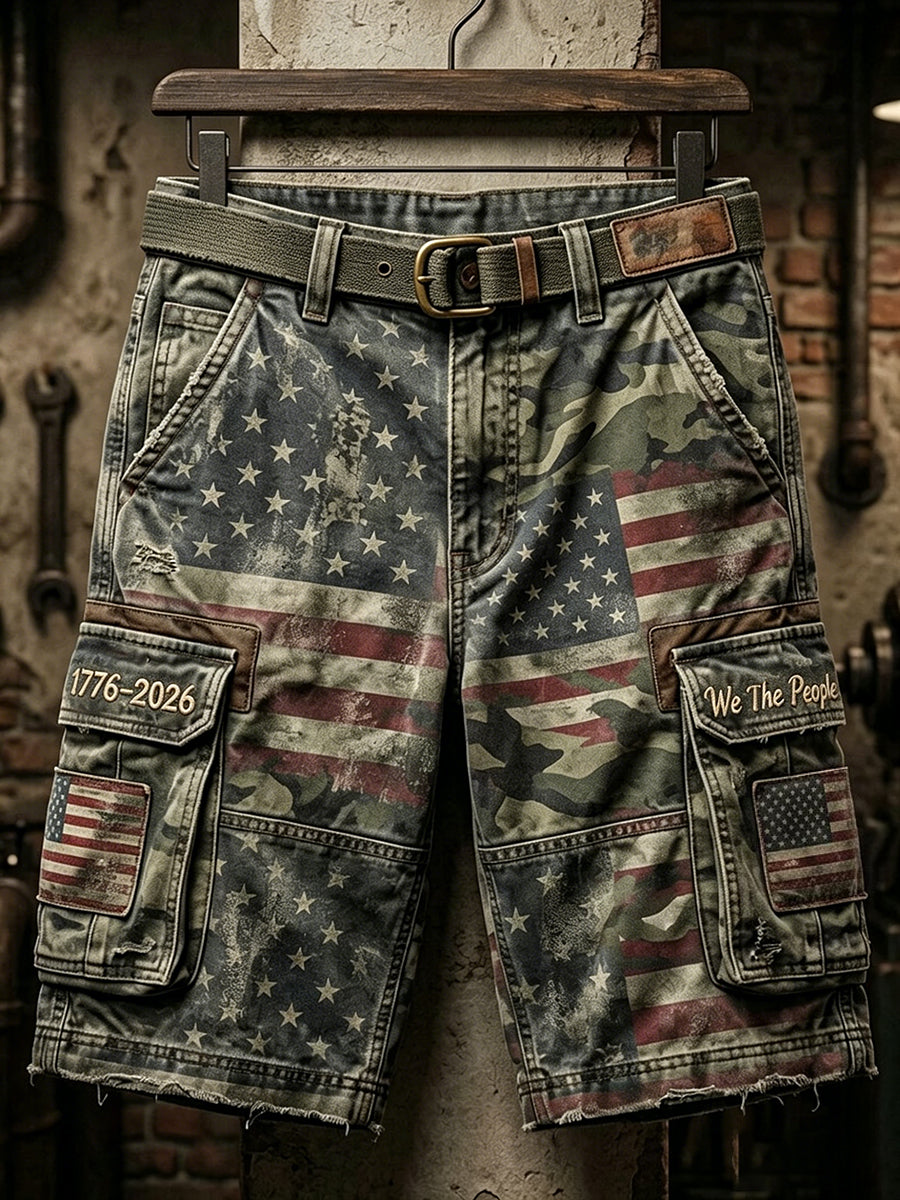 Men's Independence Day Retro American Flag Camouflage Art Print Casual Shorts