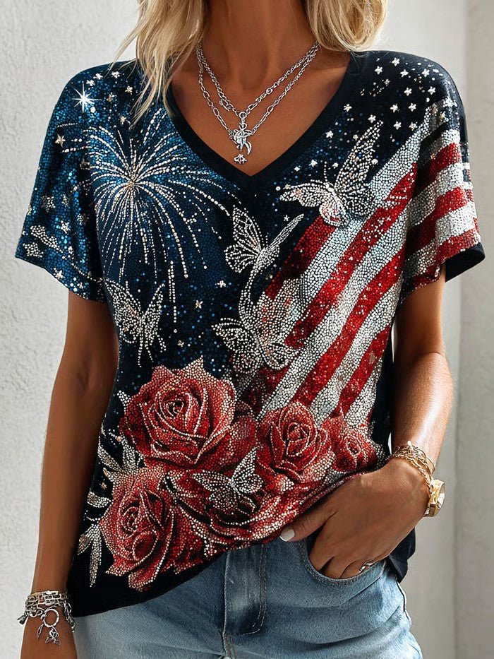 Women's America Flag Printed Casual V-neck T-Shirt
