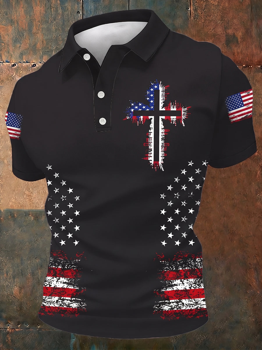 Men's ndependence Day  Christian Cross American Flag Short Sleeve Top