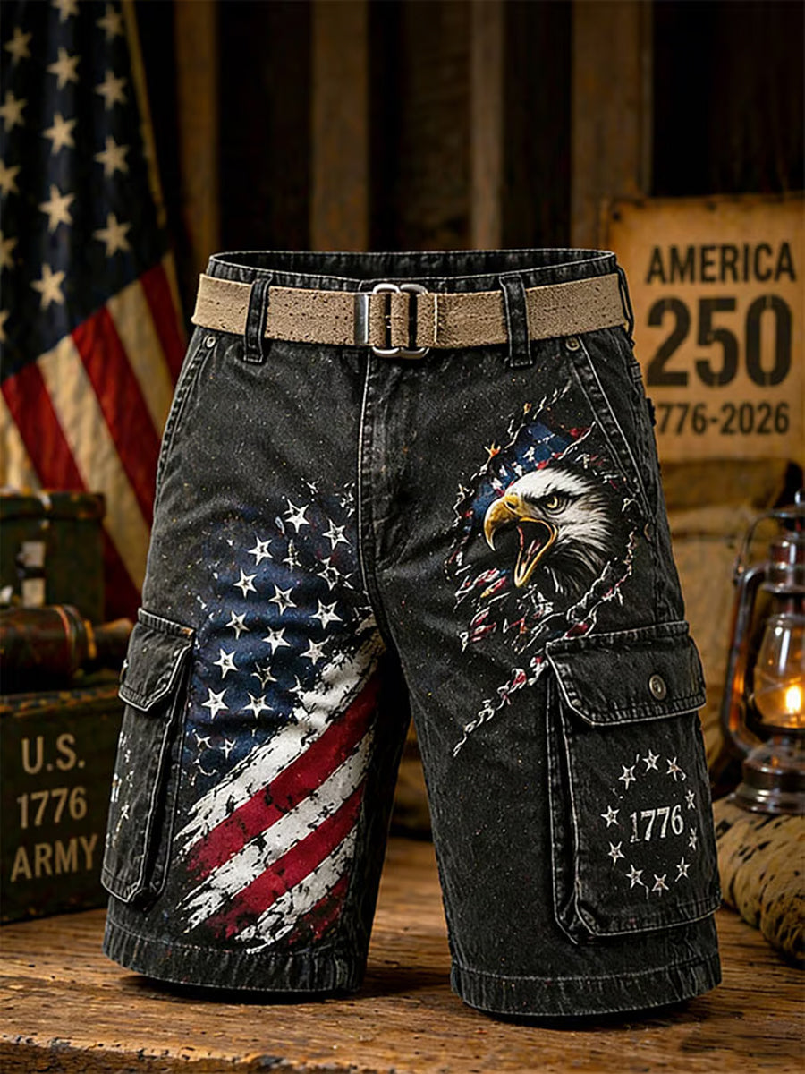 Men's Retro  Independence Day Eagle Pattern Washed Cargo Shorts