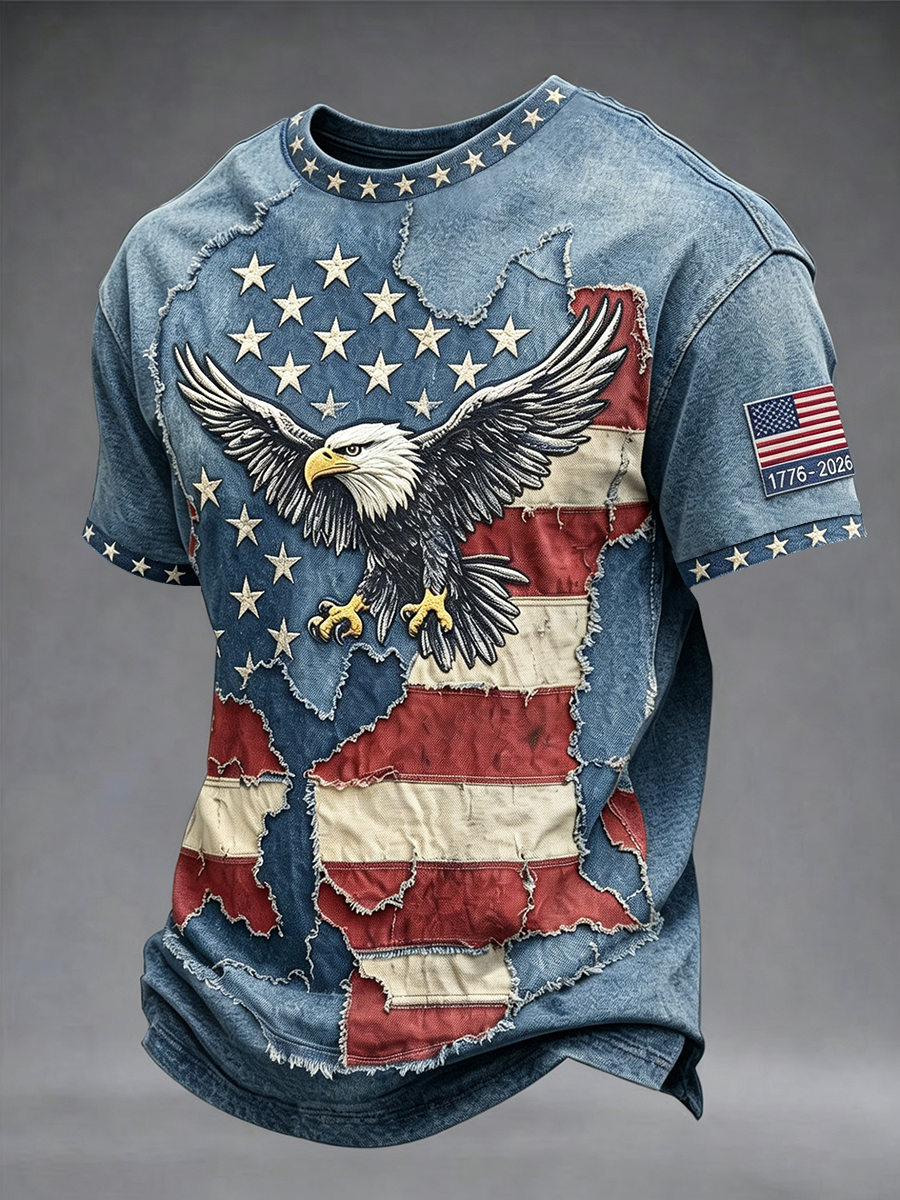 Men's Retro Independence Day Vintage Eagle With American Flag Pattern Casual T-shirt