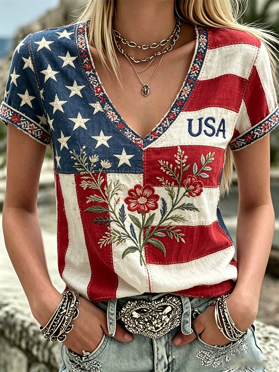 Women's America Floral Print Casual T-Shirt