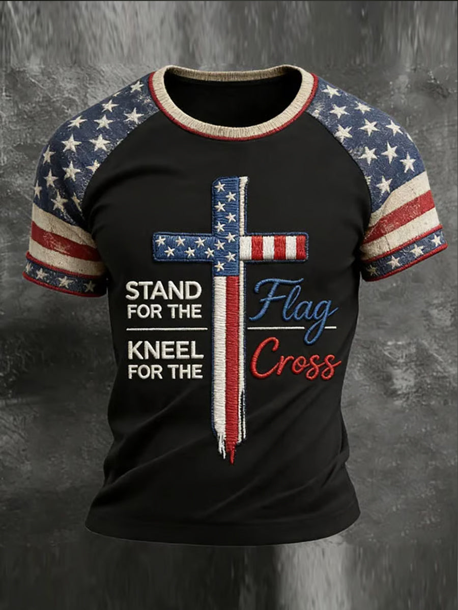 Men's Vintage Independence Day USA Flag Cross Print Short Sleeve T-shirt