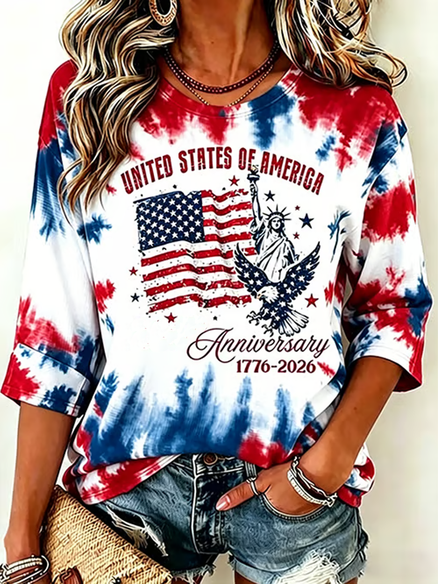 Women's American Print Round neck sleeve T-shirt