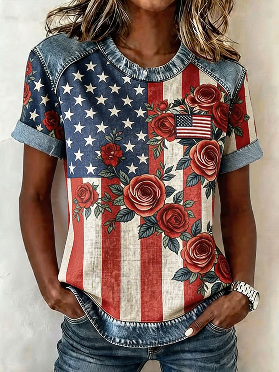 Women's American Print Casual Short Sleeved T-Shirt