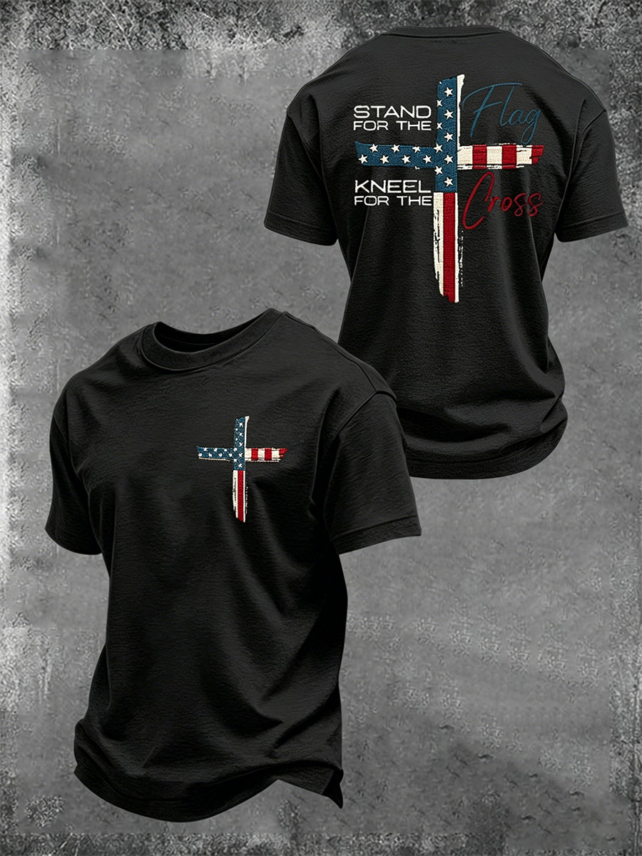 Men's Stand For The Flag Kneel For The Cross Printed Casual T-Shirt