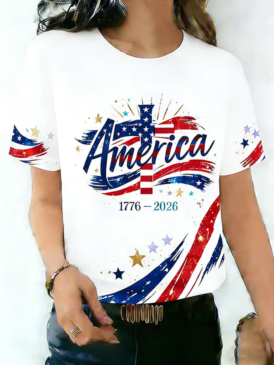 Women's Independence Day USA Flag Print Tee