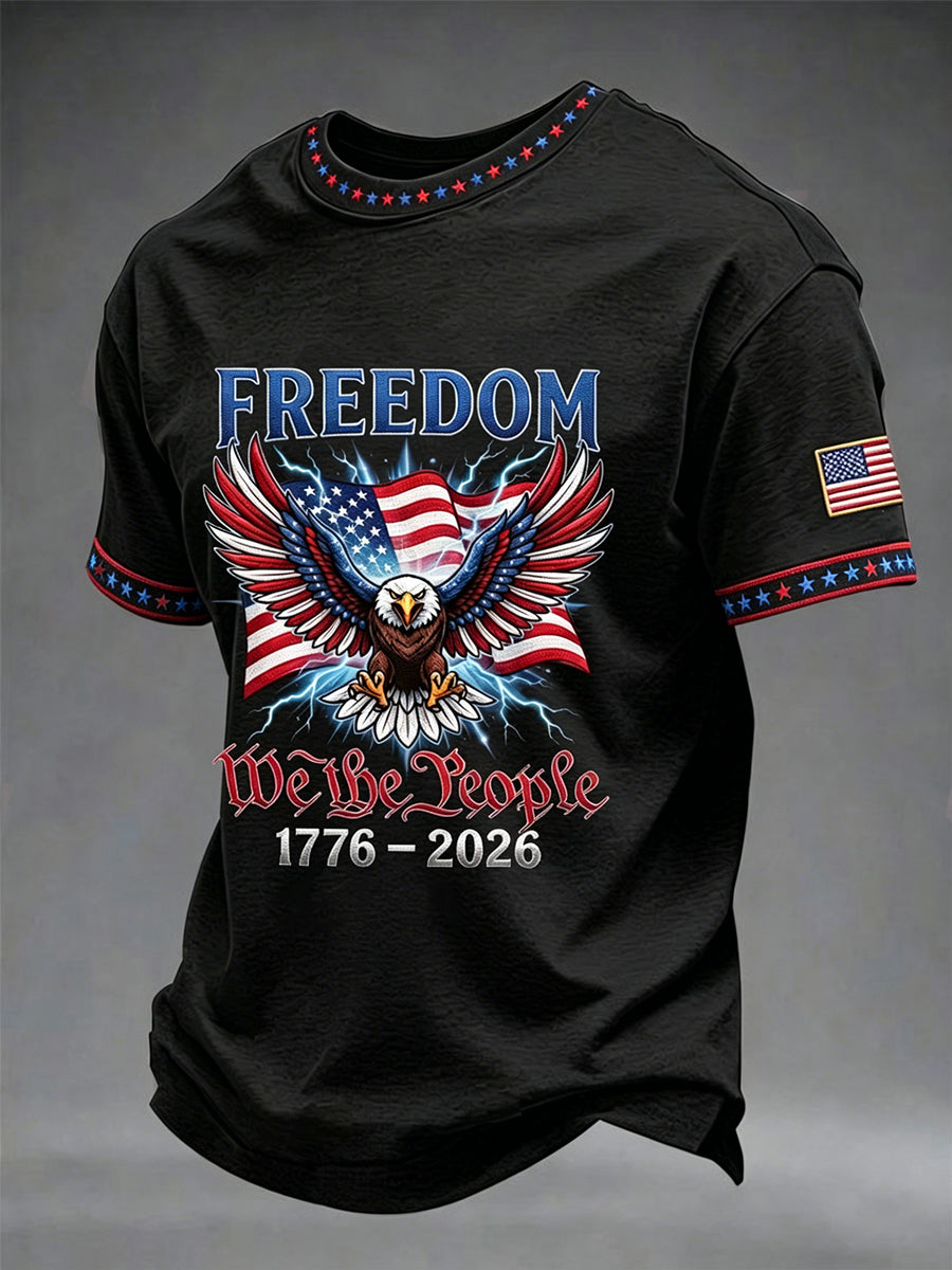 Men's Vintage Independence Day Flag Printed Short Sleeve T-shirt
