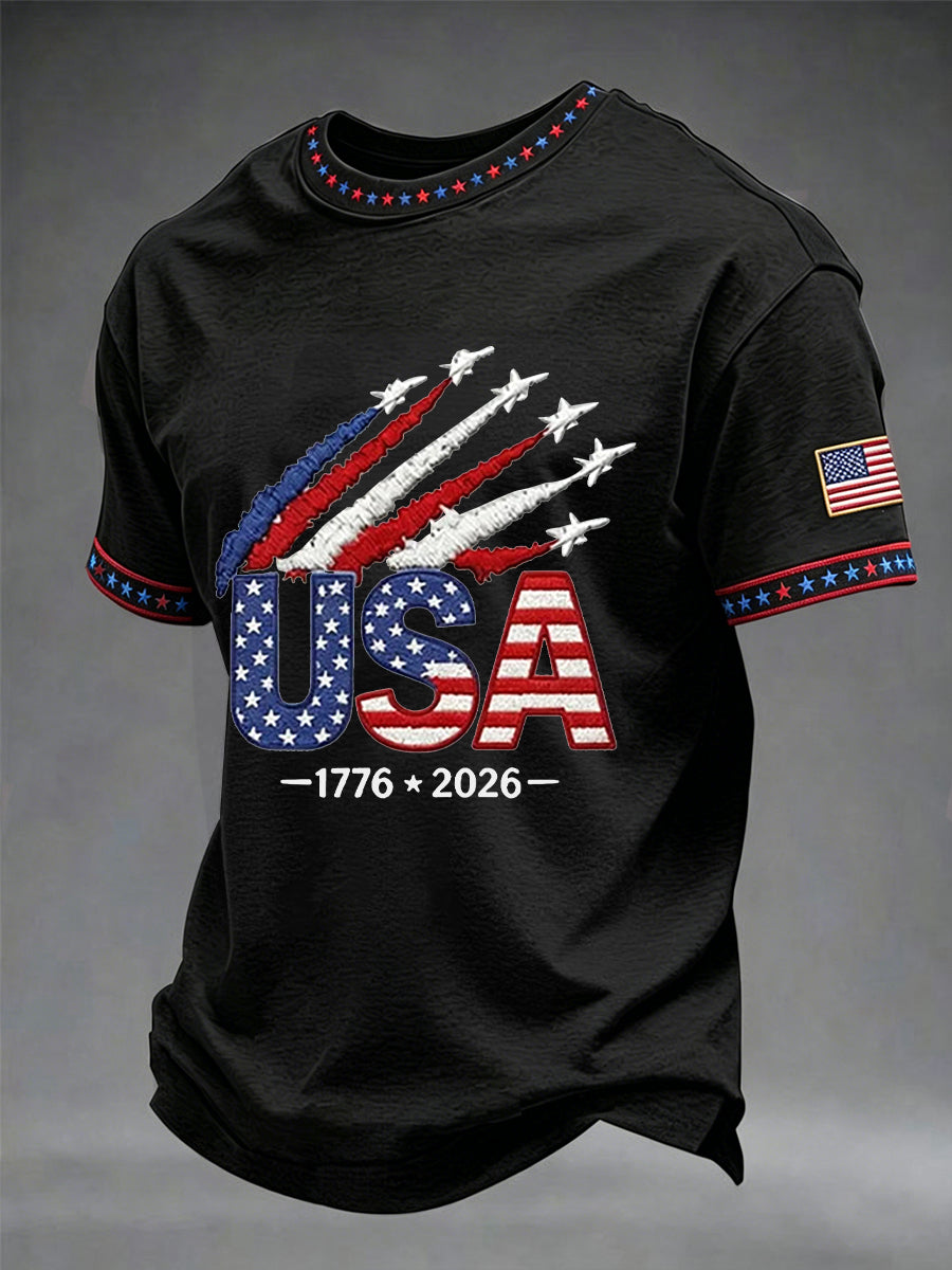 Men's Vintage Independence Day Flag Printed Short Sleeve T-shirt
