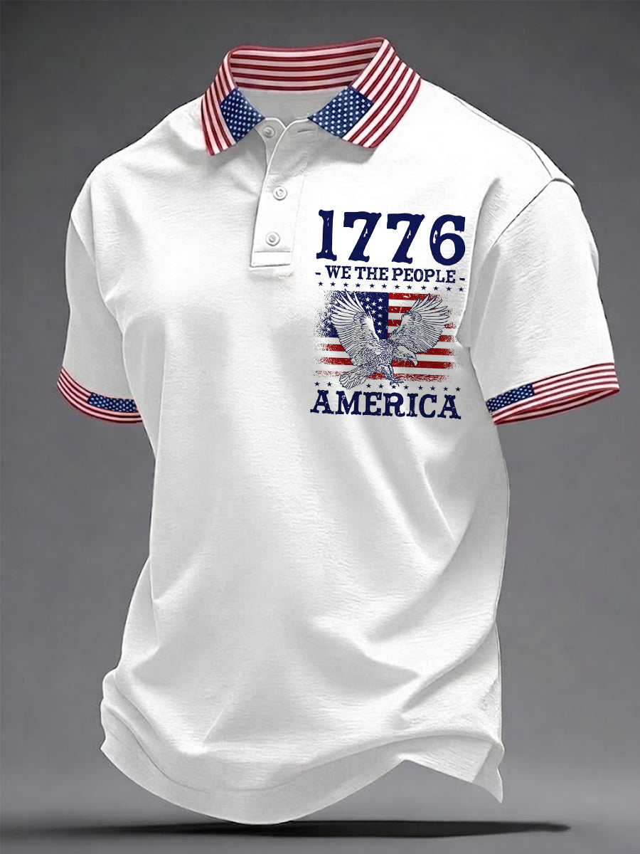 Men's Independence Day We The People 1776 USA Flag Print Casual Patriotic Polo