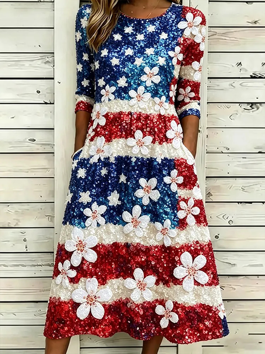 Women's American Flag Flowers Dresses