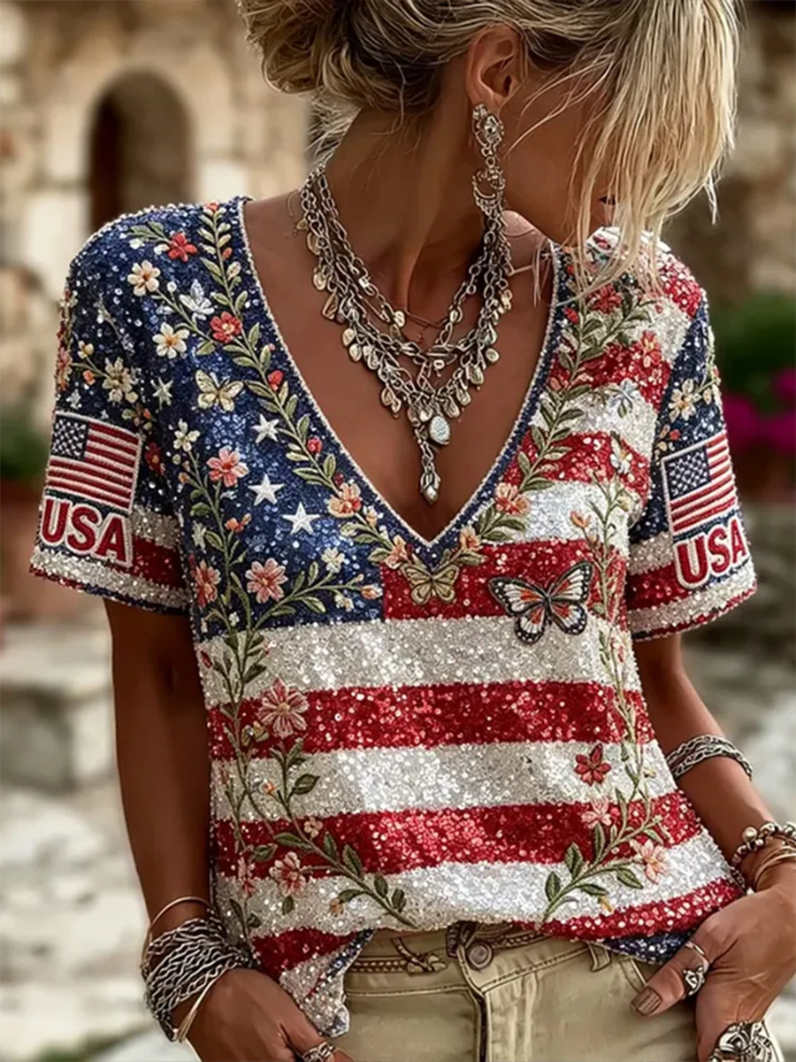 Women's American Flag Flowers Short-sleeved T-shirt