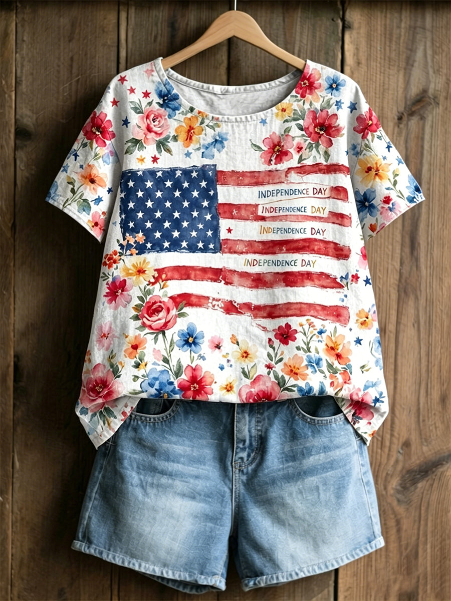 Women's Independence Day Flag & Floral Pattern Casual Short Sleeves Top