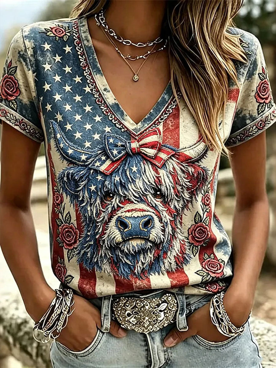Women's American Flag Highland Cow Print Casual T-Shirt