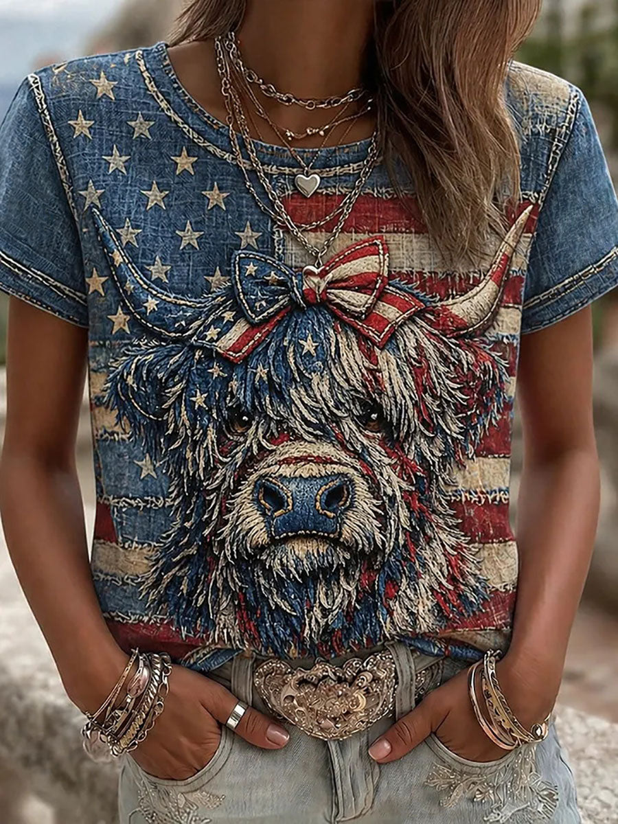 Women's American Flag Highland Cow Print Casual T-Shirt