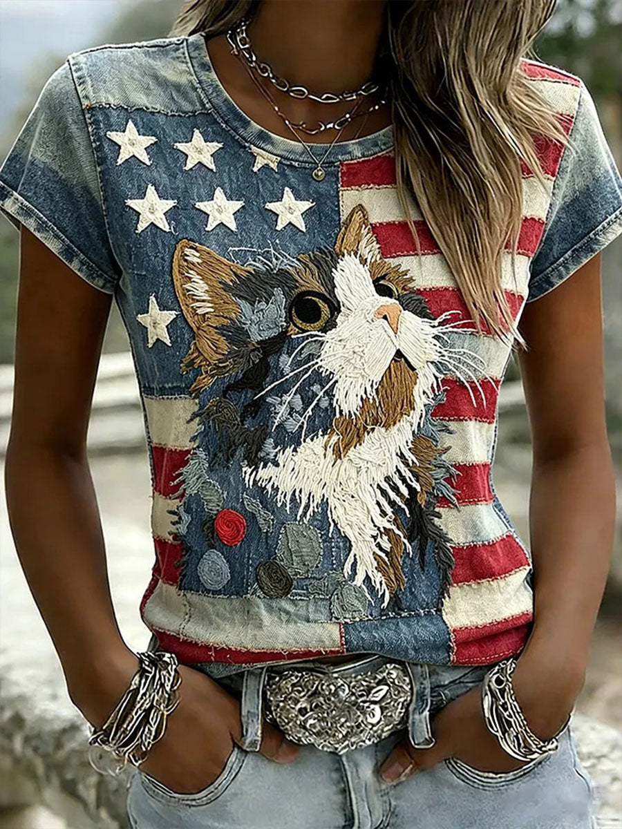 Women's American Flag Cat Print Casual T-Shirt