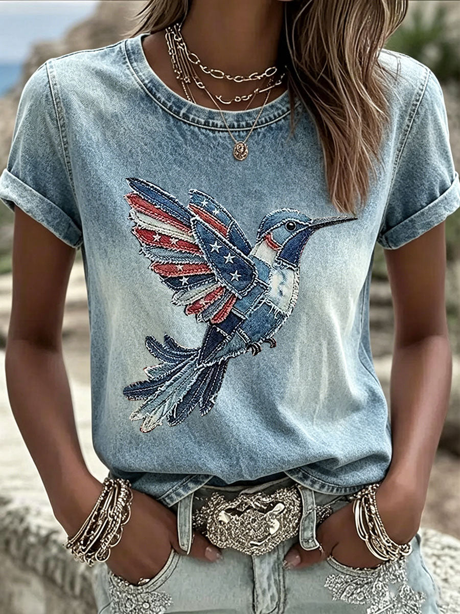 Women's American Flag Hummingbird Print Casual T-Shirt