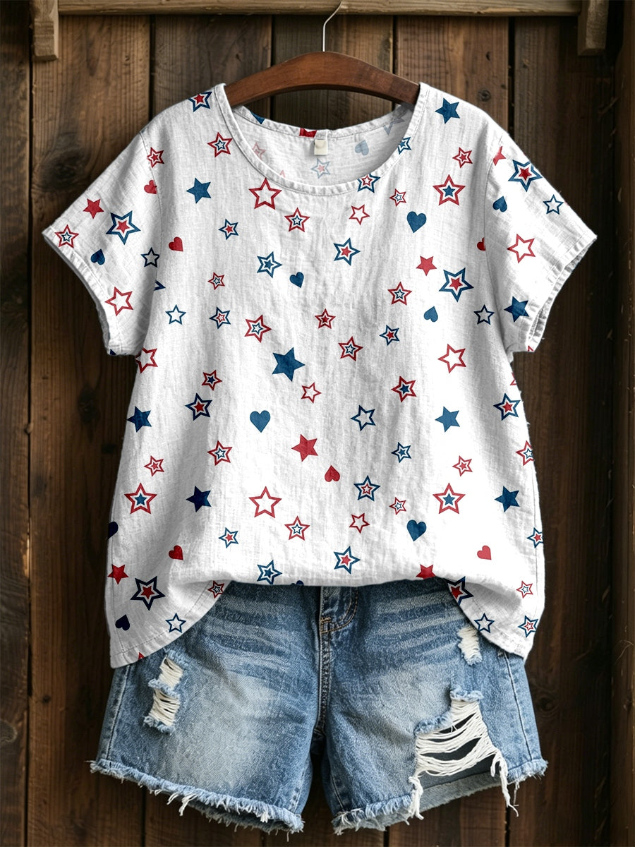 Women's Patriotic American Stars Print Cotton Linen Top